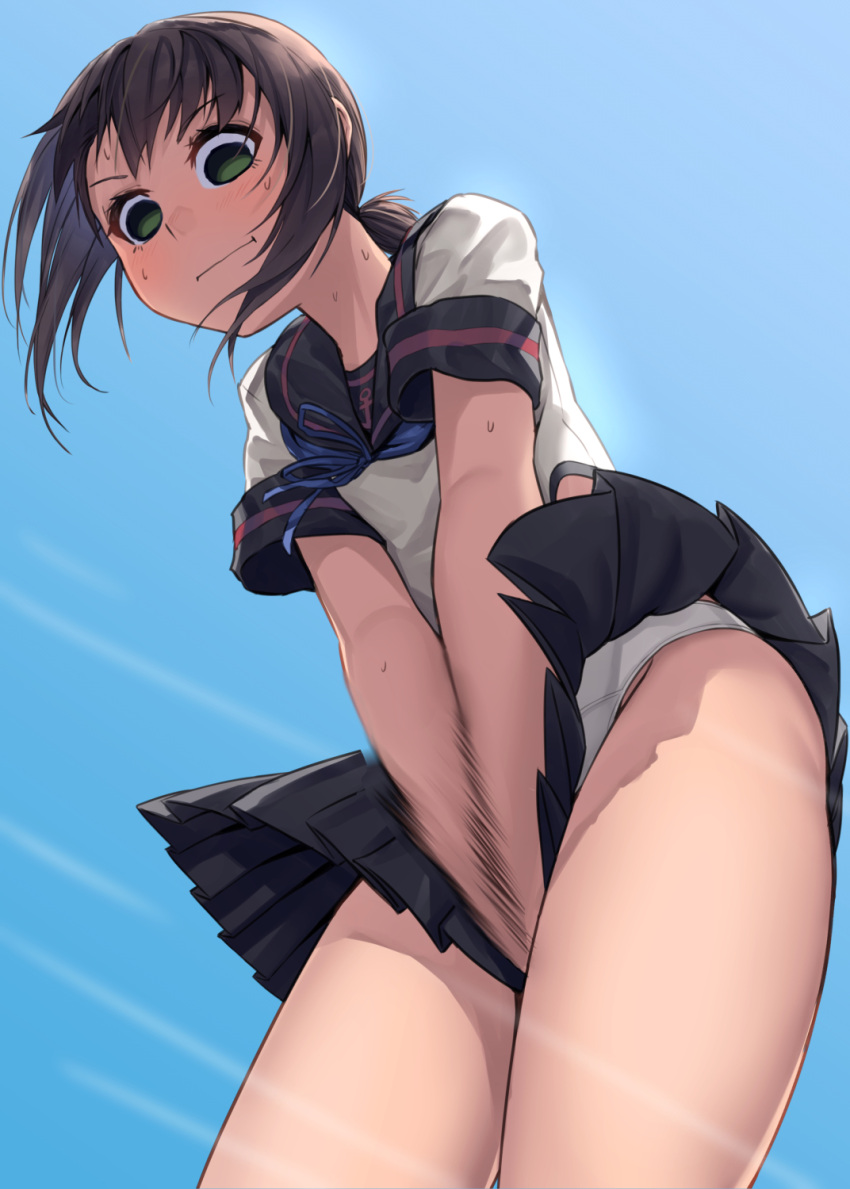 1girl anchor_symbol black_sailor_collar black_skirt blush brown_hair closed_mouth cowboy_shot fubuki_(kancolle) green_eyes highres kantai_collection panties pleated_skirt remodel_(kantai_collection) sailor_collar school_uniform serafuku short_hair short_ponytail short_sleeves skirt solo underwear white_panties zombie_mogura