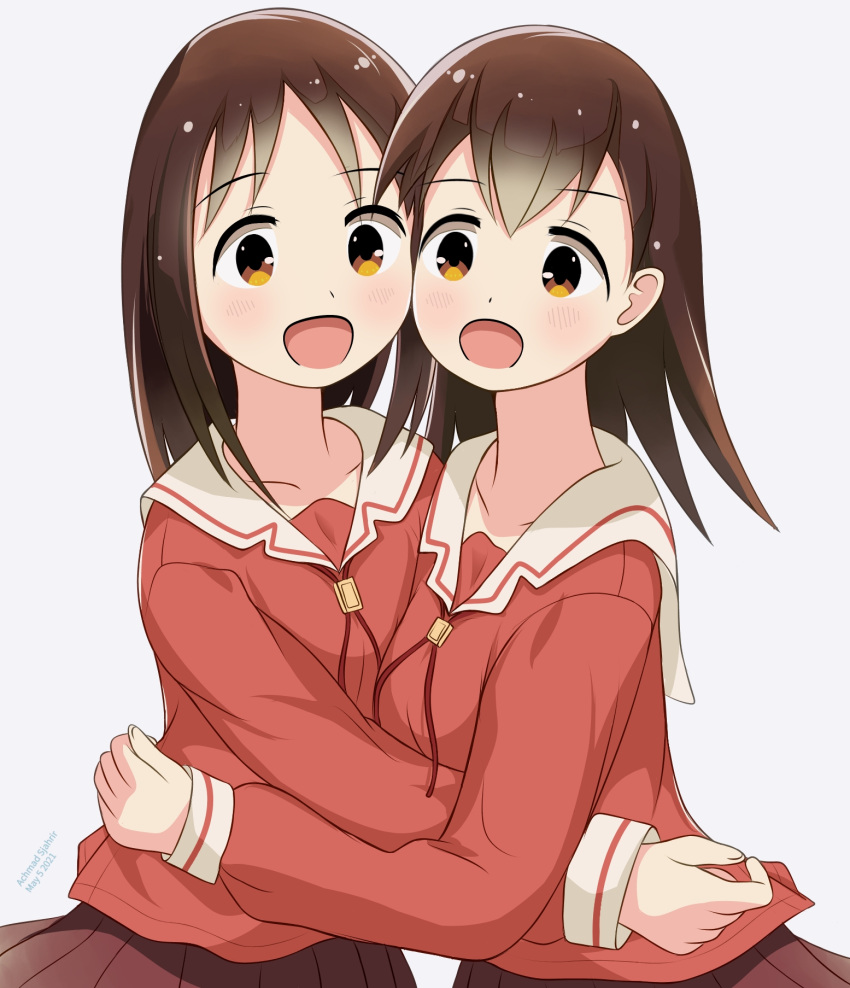 2girls :d achmad_sjahrir azumanga_daioh bangs blush brown_eyes brown_hair brown_skirt cheek-to-cheek eyebrows_visible_through_hair happy highres kasuga_ayumu long_hair long_sleeves looking_at_viewer multiple_girls open_mouth sailor_collar school_uniform serafuku shirt short_hair simple_background skirt sleeves_past_wrists smile standing takino_tomo white_background white_sailor_collar