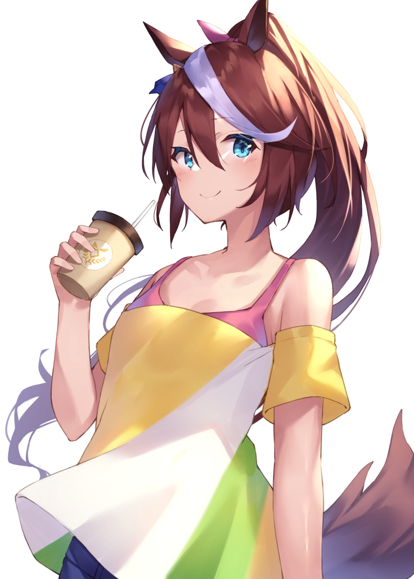 1girl absurdres animal_ears bangs bare_shoulders blue_eyes blue_pants blush brown_hair coffee_mug commentary_request cup drinking_straw eyebrows_visible_through_hair hair_between_eyes hair_ribbon hand_up high_ponytail highres holding holding_cup horse_ears horse_girl horse_tail mug multicolored_hair off-shoulder_shirt off_shoulder pants pink_ribbon ponytail ribbon shirt simple_background solo streaked_hair tail tokai_teio_(umamusume) umamusume white_background white_hair yellow_shirt yuuki_nao_(pixiv10696483)