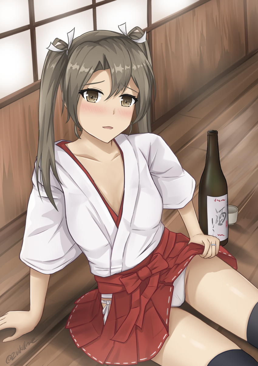 1girl blush boots bottle breasts collarbone grey_eyes grey_hair hair_ribbon hakama_lift hakama_skirt highres hip_vent japanese_clothes kantai_collection lifted_by_self long_hair panties ribbon side-tie_panties sitting small_breasts solo thigh-highs thigh_boots twintails underwear white_panties white_ribbon zuikaku_(kancolle) zuikillme