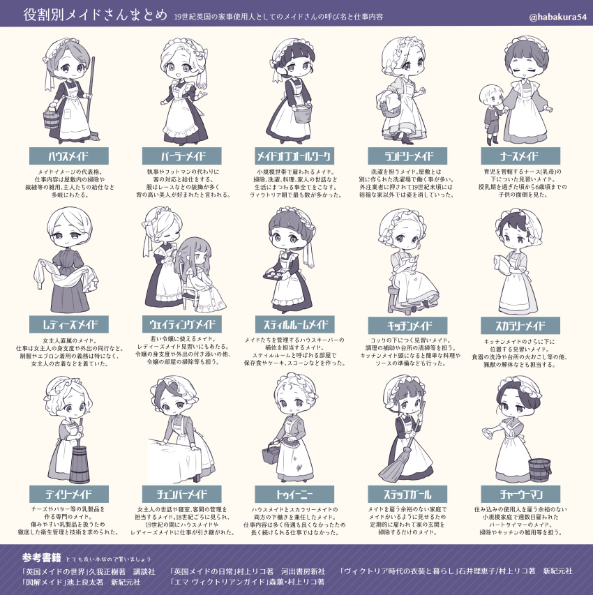 1boy 6+girls absurdres apron braid broom brush brushing_another's_hair bucket butter_churn child french_braid goshi-san hat highres limited_palette maid maid_apron maid_day mob_cap multiple_girls original plate simple_background translation_request