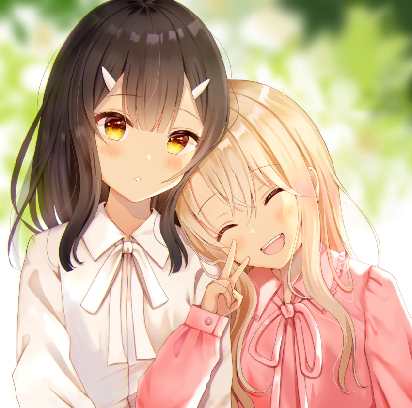 2girls :d ^_^ bangs black_hair blonde_hair blurry blurry_background blush bow brown_eyes closed_eyes collared_shirt commentary_request depth_of_field dress_shirt eyebrows_visible_through_hair fate/kaleid_liner_prisma_illya fate_(series) hair_ornament hairclip hand_up head_on_another's_shoulder head_tilt highres illyasviel_von_einzbern locked_arms long_hair long_sleeves looking_at_viewer miyu_edelfelt multiple_girls nasii neck_ribbon open_mouth pink_ribbon pink_shirt puffy_long_sleeves puffy_sleeves ribbon shirt sleeves_past_wrists smile upper_body v white_bow white_shirt
