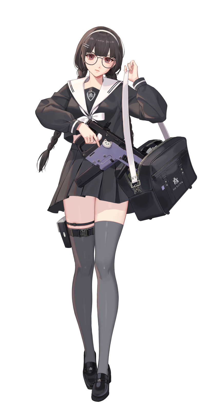 1girl absurdres aya_(black_survival) bag bangs black-framed_eyewear black_bag black_clothes black_footwear black_shirt black_skirt black_survival blunt_bangs braid brown_eyes brown_hair character_name closed_mouth fingernails full_body glasses grey_legwear gun hair_ornament hairband hairclip highres holding holding_gun holding_weapon kriss_vector lips long_hair long_sleeves looking_at_viewer official_alternate_costume official_art one_touch pleated_skirt sailor_collar school_bag school_uniform serafuku shirt shoes skirt solo standing submachine_gun thigh-highs thigh_pouch thigh_strap thighs transparent_background twin_braids weapon white_hairband white_sailor_collar zettai_ryouiki