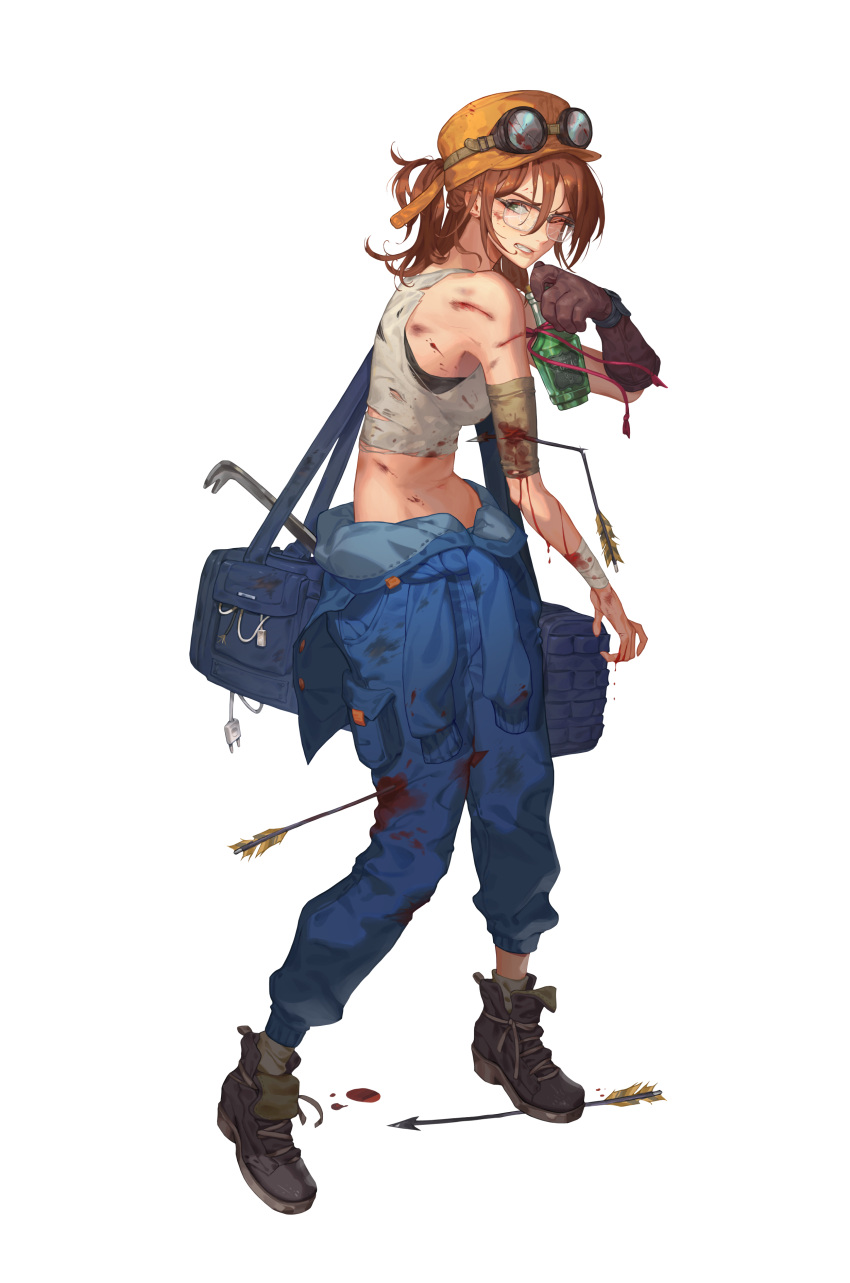 1girl absurdres arrow_(projectile) arrow_in_body artist_request bandaged_arm bandages bangs barbara_erlenwein bare_shoulders black_survival blood blood_on_arm bloody_clothes bloody_hands blue_bag blue_overalls boots bottle broken_eyewear broken_goggles brown_gloves brown_hair crop_top crowbar from_side full_body glasses gloves goggles goggles_on_head green_eyes grey_footwear hair_between_eyes hat highres holding holding_bottle lips long_hair looking_at_viewer official_alternate_costume official_art one_eye_closed pain parted_lips pocket scratches single_glove sleeveless solo standing stomach torn_clothes transparent_background yellow_headwear