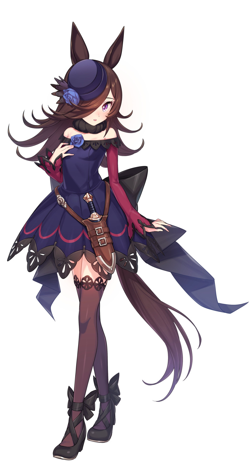 absurdres animal_ears black_hair black_legwear dagger flower full_body green322 hair_over_one_eye hat highres horse_ears horse_tail long_hair looking_at_viewer rice_shower_(umamusume) sheath sheathed simple_background standing tail thigh-highs umamusume violet_eyes weapon white_background