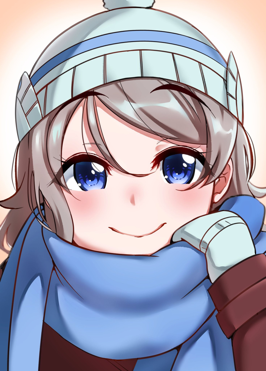 1girl beanie blue_eyes blue_scarf blush closed_mouth hand_up hat highres igarashi_kyouhei long_sleeves looking_at_viewer love_live! love_live!_sunshine!! medium_hair mittens portrait scarf smile solo watanabe_you winter_clothes