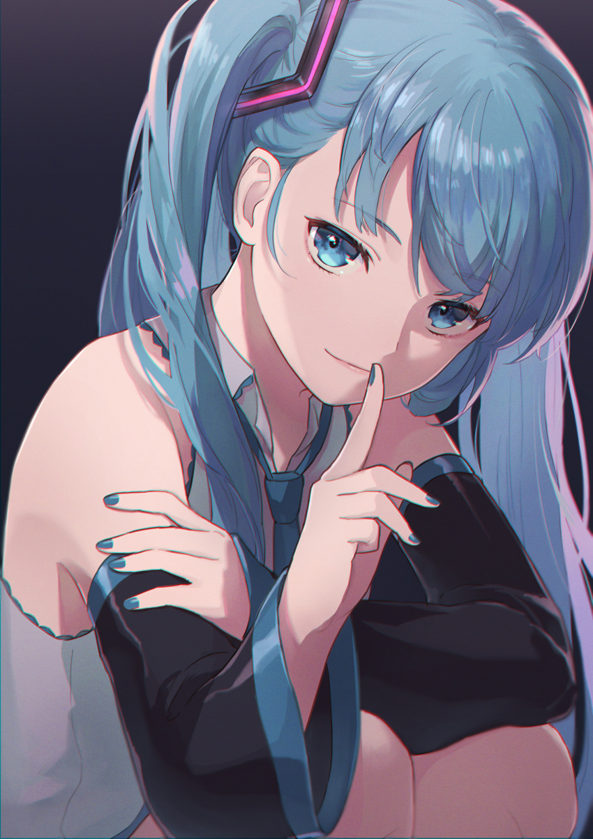 1girl ashika_(yftcc948) black_sleeves blue_eyes blue_hair blue_nails blue_neckwear closed_mouth dark_background detached_sleeves finger_to_mouth grey_shirt hatsune_miku highres index_finger_raised knees_up long_hair long_sleeves looking_at_viewer necktie shirt shushing sitting smile solo twintails very_long_hair vocaloid