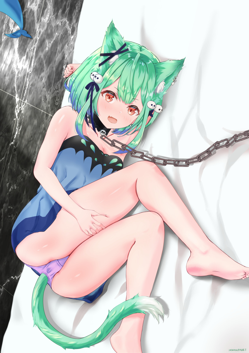 1girl absurdres animal_ears animal_print ass bangs bare_shoulders barefoot blue_dress blue_hair brooch butterfly_print cat_ears chain chained choker clothing_cutout colored_tips deep_skin dress ear_ribbon green_hair hair_ornament highres hololive jewelry looking_at_viewer lying on_side panties purple_panties red_eyes short_dress short_hair sidelocks skull_hair_ornament solo strapless strapless_dress tail tail_cutout takasi.bingjun underwear upskirt uruha_rushia virtual_youtuber