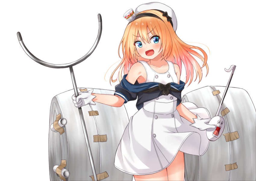 1girl black_hairband blonde_hair blue_eyes blue_sailor_collar comiching dress flat_chest gloves hairband hat jervis_(kancolle) kantai_collection long_hair off_shoulder sailor_collar sailor_dress sailor_hat solo white_dress white_gloves white_headwear