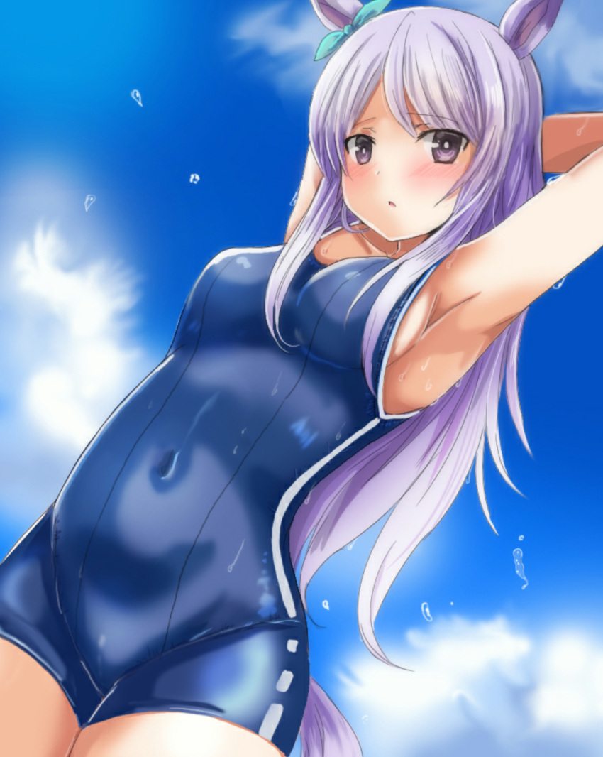 1girl animal_ears armpits arms_behind_head arms_up bangs bare_arms bare_shoulders blue_sky blue_swimsuit blush breasts clouds collarbone commentary_request covered_navel cowboy_shot day dutch_angle eyebrows_visible_through_hair highres horse_ears horse_girl horse_tail looking_at_viewer medium_breasts mejiro_mcqueen_(umamusume) one-piece_swimsuit oshiruko_(uminekotei) outdoors parted_bangs parted_lips purple_hair school_swimsuit sky solo swimsuit tail umamusume violet_eyes