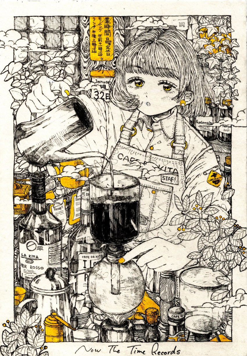 1girl bangs bottle english_text eyebrows_visible_through_hair highres kitamurashu leaf long_sleeves monochrome original plant pouring shirt short_hair solo spot_color white_hair white_overalls white_shirt yellow_eyes yellow_nails