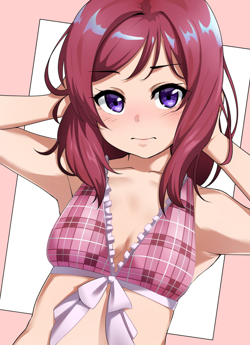 1girl bikini blush bow breasts closed_mouth dot_nose embarrassed front-tie_bikini front-tie_top hands_in_hair hands_up highres igarashi_kyouhei looking_at_viewer love_live! love_live!_school_idol_project nishikino_maki pink_bikini redhead small_breasts solo swimsuit upper_body violet_eyes white_bow