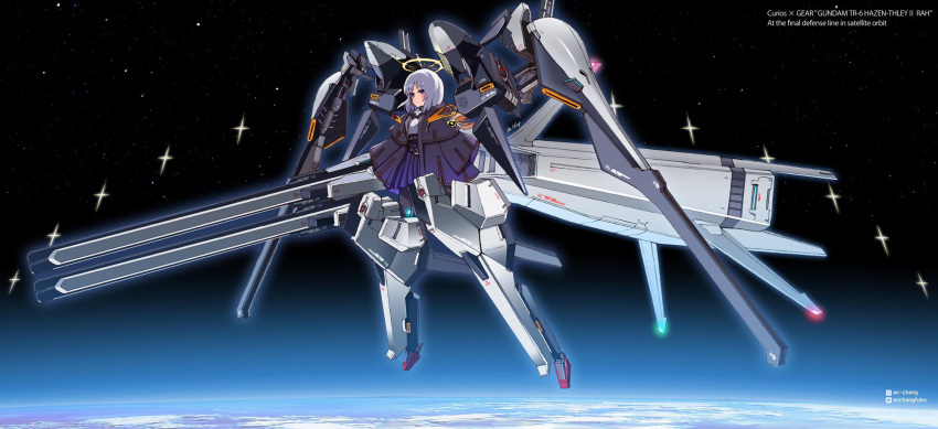1girl advance_of_zeta alice_gear_aegis an-chang bangs blue_skirt character_request cloak commission expressionless flat_chest floating grey_hair gundam halo haze'n-thley_ii highres looking_at_viewer mecha_musume science_fiction skeb_commission skirt solo space thrusters violet_eyes