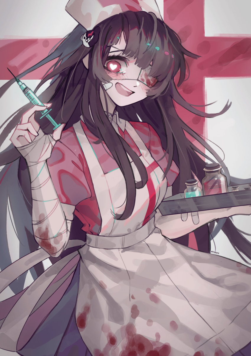 1girl :d absurdres apron bandaged_arm bandages bangs black_hair blood bloody_clothes blue_skirt bottle breasts commentary cowboy_shot dangan_ronpa_(series) dangan_ronpa_2:_goodbye_despair english_commentary eyepatch hair_ornament hat heart heart-shaped_pupils highres holding holding_syringe holding_tray long_hair looking_at_viewer medium_breasts monokuma nurse nurse_cap open_mouth pink_shirt pleated_skirt puffy_short_sleeves puffy_sleeves purple_hair remonoart shirt short_sleeves skirt smile solo symbol-shaped_pupils syringe tray tsumiki_mikan violet_eyes white_apron