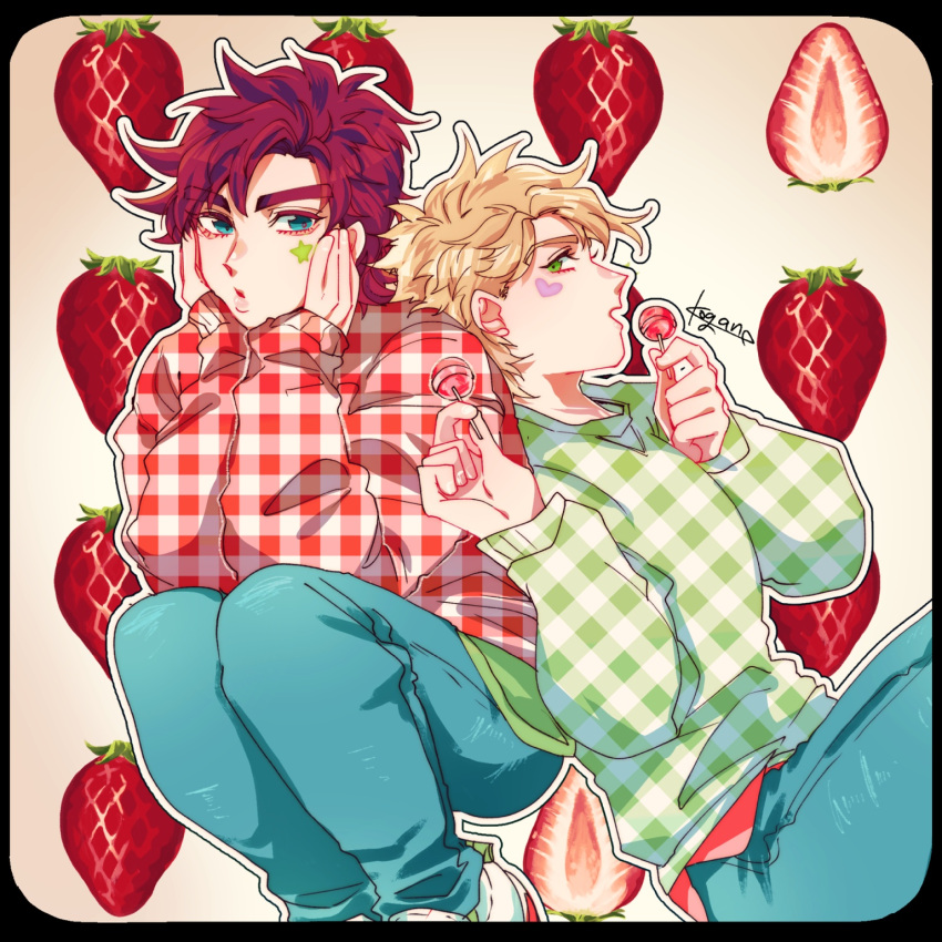 2boys :o alternate_costume artist_name battle_tendency blonde_hair blue_eyes border brown_hair caesar_anthonio_zeppeli candy eyebrows_visible_through_hair facial_mark food fruit green_eyes hands_on_own_cheeks hands_on_own_face highres holding holding_candy holding_food holding_lollipop jojo_no_kimyou_na_bouken joseph_joestar_(young) kogatarou lollipop long_sleeves male_focus multiple_boys open_mouth outline plaid plaid_sweater short_hair sideways_glance signature sleeves_past_wrists strawberry sweater thick_eyebrows undershirt white_outline