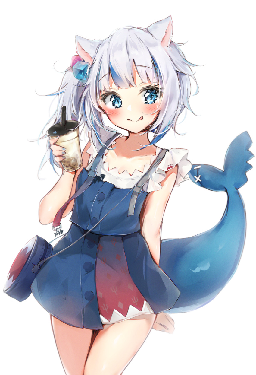 1girl :p animal_ears bag blue_dress blue_eyes blue_hair blush bubble_tea cat_ears closed_mouth collarbone commentary cup disposable_cup dress drinking_straw fish_tail gawr_gura grey_hair hair_cubes hair_ornament hand_up highres holding holding_cup hololive hololive_english multicolored_hair seboneko shark_tail shirt shoulder_bag side_ponytail simple_background sleeveless sleeveless_dress smile solo streaked_hair tail tongue tongue_out virtual_youtuber white_background white_shirt