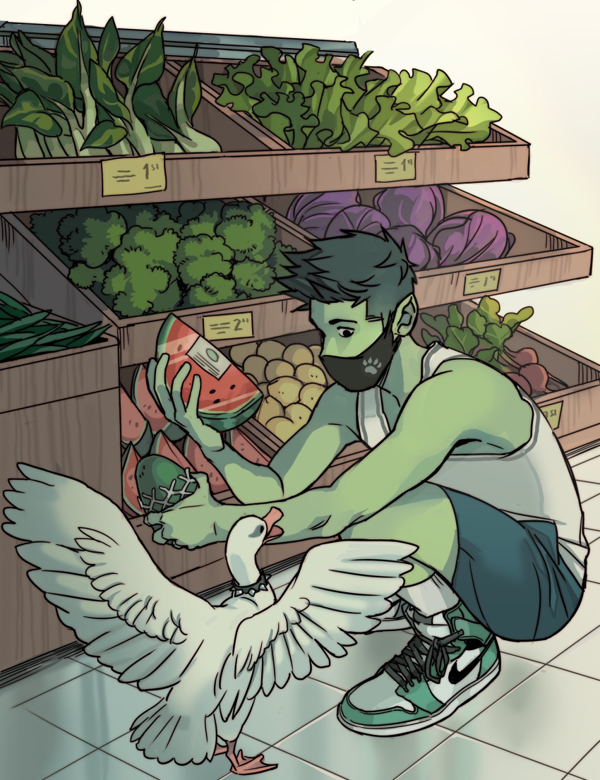 1boy beast_boy_(dc) bird casual colored_skin full_body gabriel_picolo goose green_hair green_skin groceries highres holding mask mouth_mask pointy_ears shoes shopping sneakers squatting tank_top teen_titans watermelon_slice