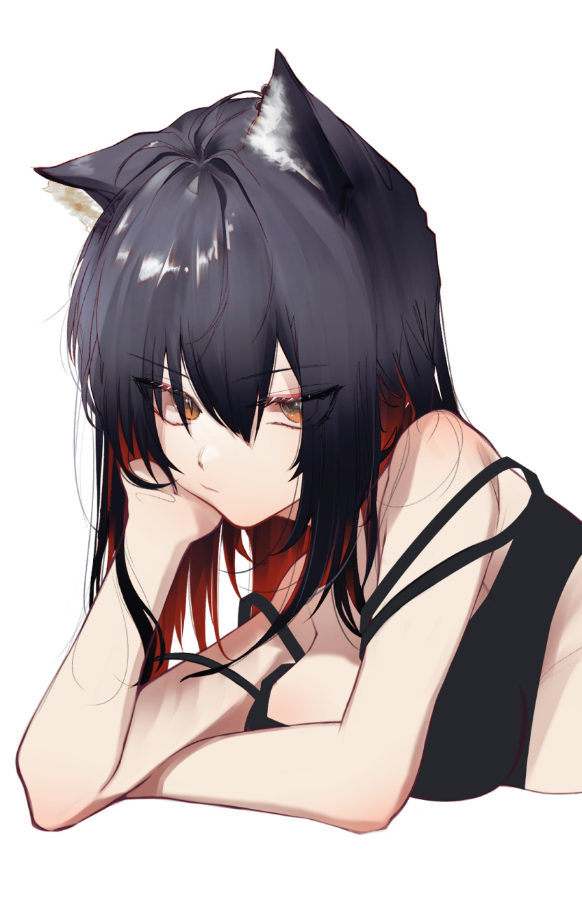 1girl animal_ears arknights bangs bare_arms bare_shoulders black_bra black_hair bra brown_eyes commentary eyebrows_visible_through_hair hair_between_eyes highres long_hair looking_at_viewer multicolored_hair redhead runamonet simple_background solo strap_slip texas_(arknights) underwear upper_body white_background wolf_ears