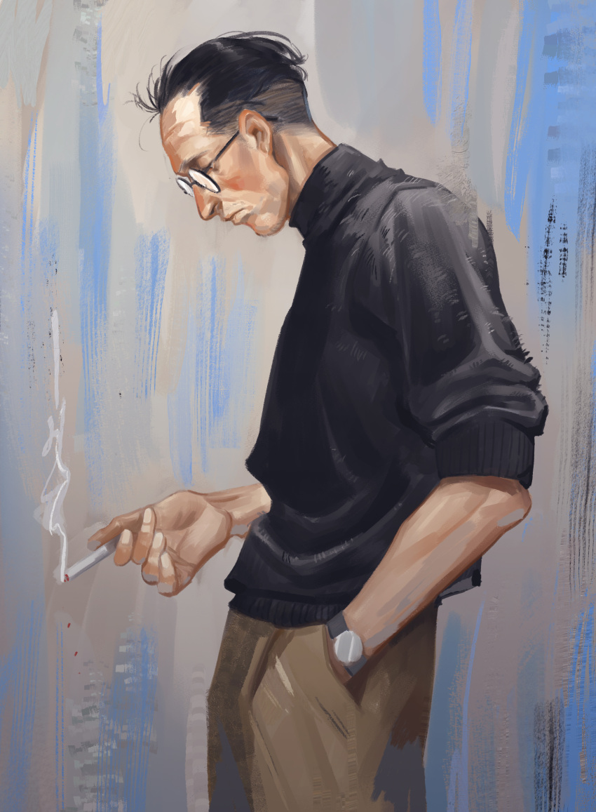1boy black_hair cheetahman_(1ddghfr78cswc) cigarette disco_elysium from_side glasses hair_slicked_back hand_in_pocket highres holding holding_cigarette kim_kitsuragi male_focus pants round_eyewear simple_background sleeves_rolled_up solo sweater turtleneck turtleneck_sweater undercut watch