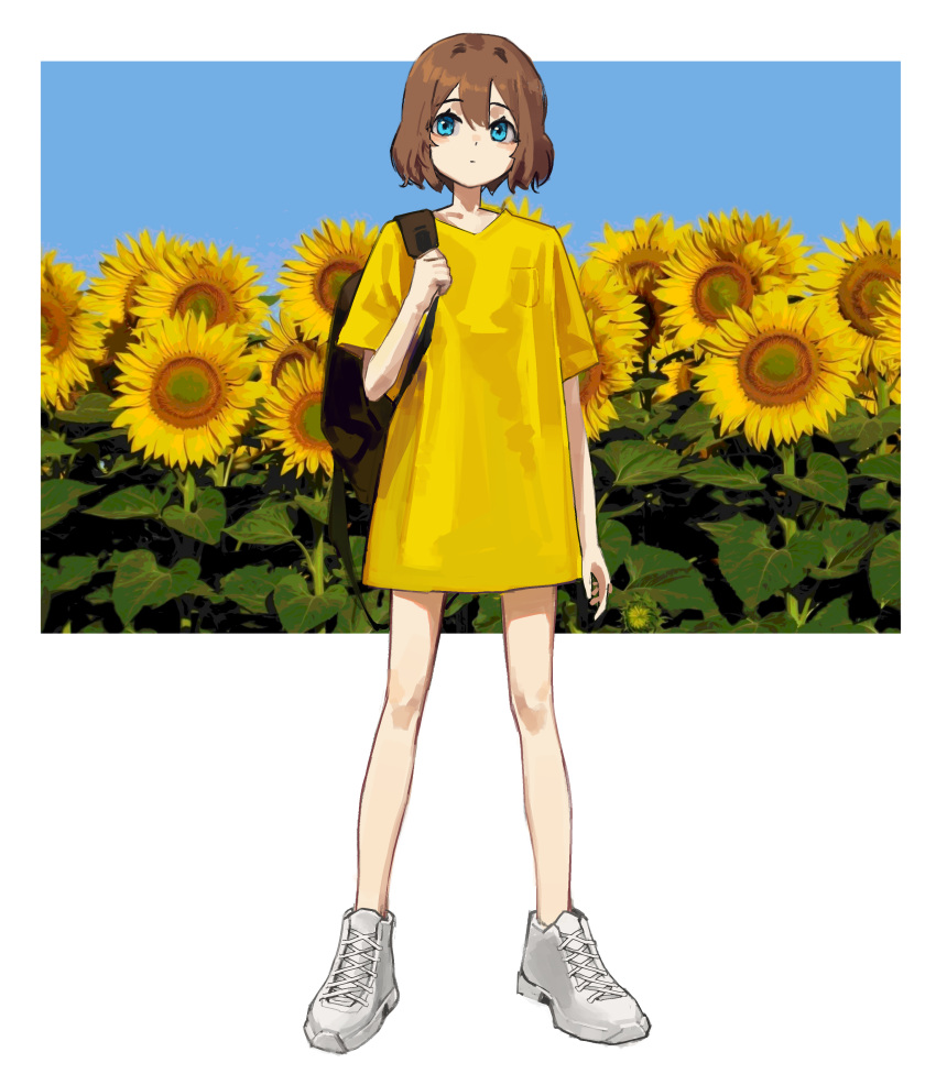 1girl absurdres backpack bag bangs bare_legs blue_eyes blue_sky breast_pocket brown_hair closed_mouth flower full_body highres looking_at_viewer nuri_(yoon_cook) original pocket shirt shoes short_hair short_sleeves simple_background sky sneakers solo sunflower white_background white_footwear yellow_shirt yoon_cook
