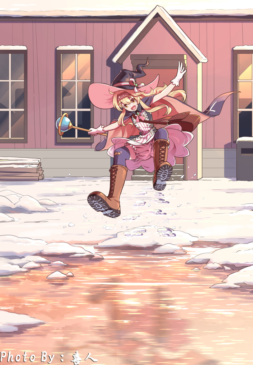 1girl :d artist_name bag bandaid black_legwear blonde_hair bloomers boots brown_bag brown_footwear cape cross-laced_footwear english_text footprints gloves hat highres holding holding_scepter house knee_boots lace-up_boots little_witch_nobeta long_hair midair nobeta open_mouth outdoors puddle sakura_ayame scepter shoe_soles shoulder_bag skirt sleeveless smile snow solo thigh-highs thighhighs_under_boots underwear water white_gloves window winter witch_hat