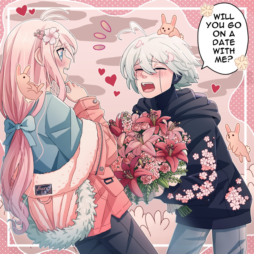 1boy 1girl :d ahoge alternate_costume android antenna_hair black_hoodie blonde_hair blush bouquet cheer_(cheerkitty14) dangan_ronpa_(series) dangan_ronpa_v3:_killing_harmony dating dutch_angle english_commentary english_text flower hair_flower hair_ornament heart highres holding hood hood_down hoodie iruma_miu jacket keebo leaning_forward long_hair multicolored_hair notice_lines open_mouth pants pink_background pink_flower pink_hair pink_jacket rabbit shirt short_hair smile speech_bubble two-tone_hair white_hair