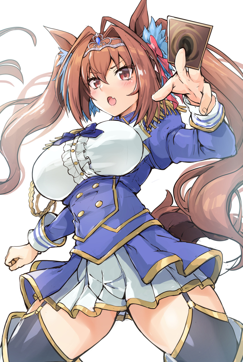 1girl absurdres aiguillette animal_ears bangs black_legwear blue_dress blush breasts brown_hair card center_frills daiwa_scarlet_(umamusume) dress epaulettes fang frills garter_straps hair_intakes hand_on_hip highres horse_ears horse_girl horse_tail index_finger_raised juliet_sleeves large_breasts layered_legwear layered_skirt long_hair long_sleeves looking_at_viewer open_mouth outstretched_arm playing_card puffy_sleeves red_eyes samoore skin_fang skirt tail thigh-highs thighs tiara twintails umamusume underbust very_long_hair white_legwear white_skirt yu-gi-oh!