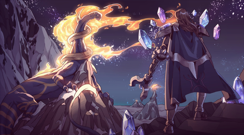 1boy armor boots brown_hair cape creature crystal fire floating floating_object from_behind league_of_legends long_hair mountain night night_sky outdoors pauldrons sanatorium_industries shoulder_armor sky snow solo staff star_(sky) taric