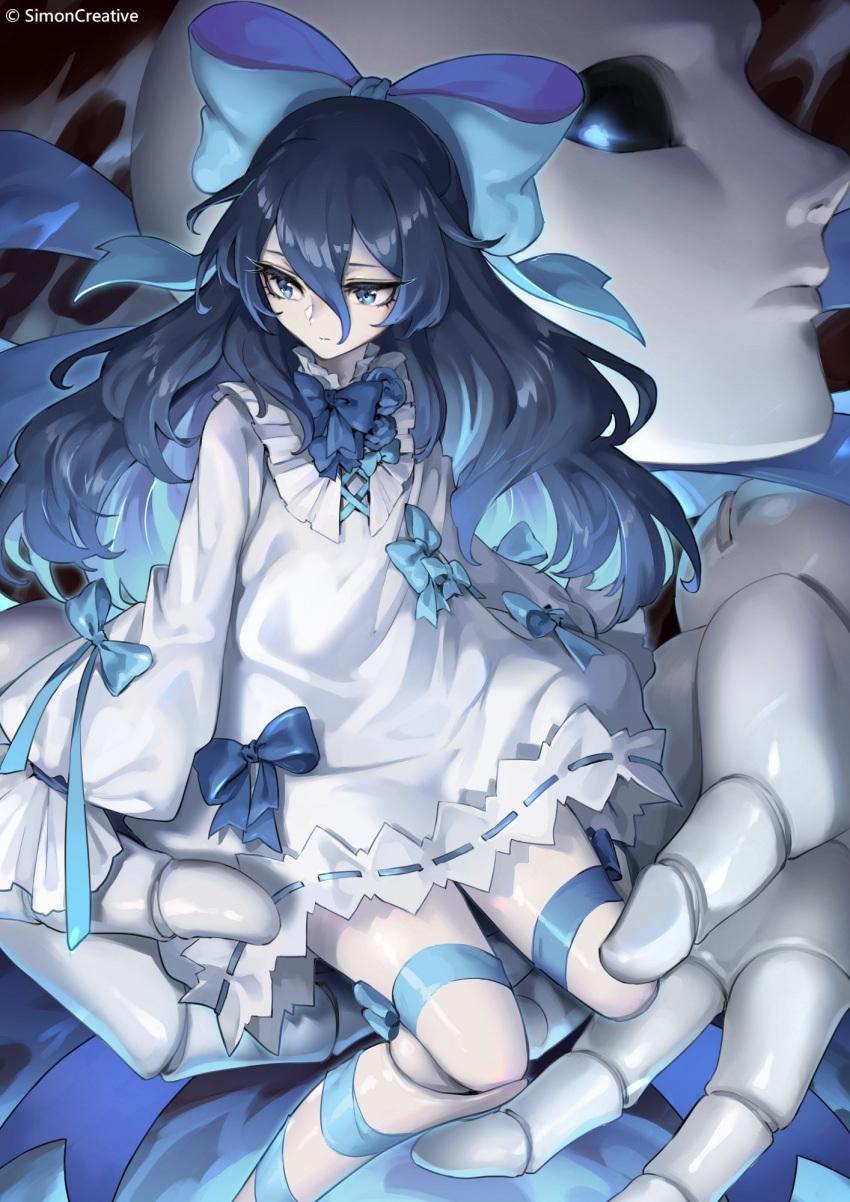 1girl 1other black_hair black_sclera blue_eyes bow colored_sclera commentary_request doll doll_joints dress glowing glowing_eyes hair_bow highres joints leg_ribbon legs linmiu_(smilemiku) little_witch_nobeta long_hair official_art pale_skin ribbon sitting sleeves_past_wrists tania_(little_witch_nobeta) thighs white_dress