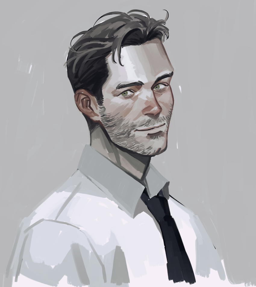1boy beard blush brown_hair cheetahman_(1ddghfr78cswc) disco_elysium ear_blush facial_hair green_eyes grey_background harry_du_bois highres looking_to_the_side male_focus necktie shirt simple_background smile solo stubble upper_body white_shirt younger