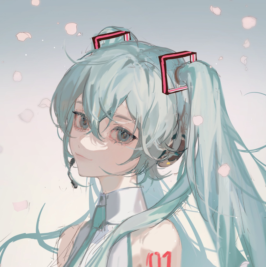 1girl bare_shoulders blue_background blue_eyes blue_hair blue_neckwear cherry_blossoms collared_shirt falling_petals gradient gradient_background hatsune_miku head_tilt headset highres light_smile long_hair looking_at_viewer looking_to_the_side necktie pamafff petals portrait shirt solo tattoo twintails vocaloid white_background white_shirt