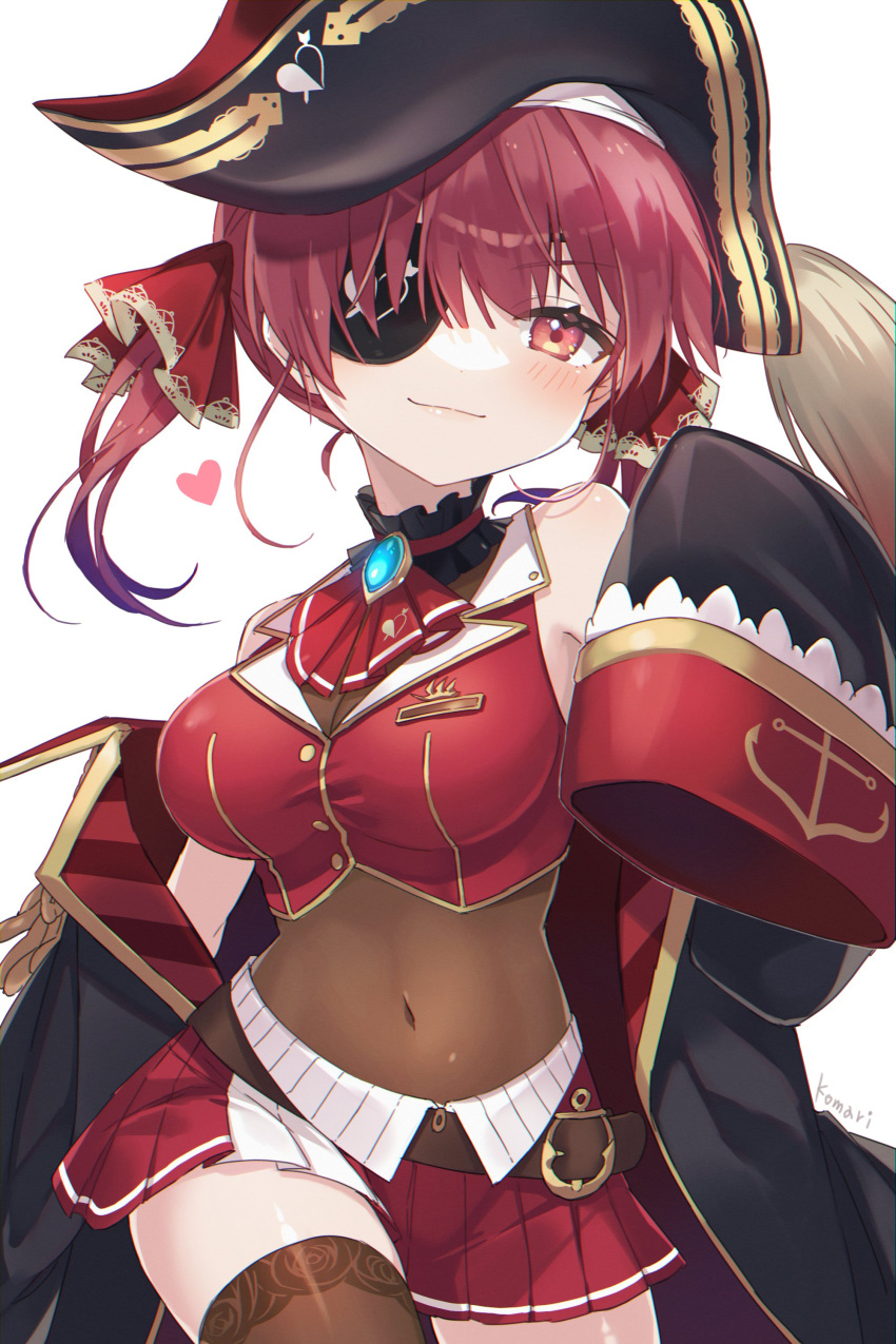 1girl absurdres bangs black_eyepatch blush breasts eyebrows_visible_through_hair eyepatch hat highres hololive hololive_fantasy houshou_marine large_breasts long_hair looking_at_viewer medium_breasts open_mouth pirate poncho_(31103105) red_eyes redhead smile solo twintails virtual_youtuber