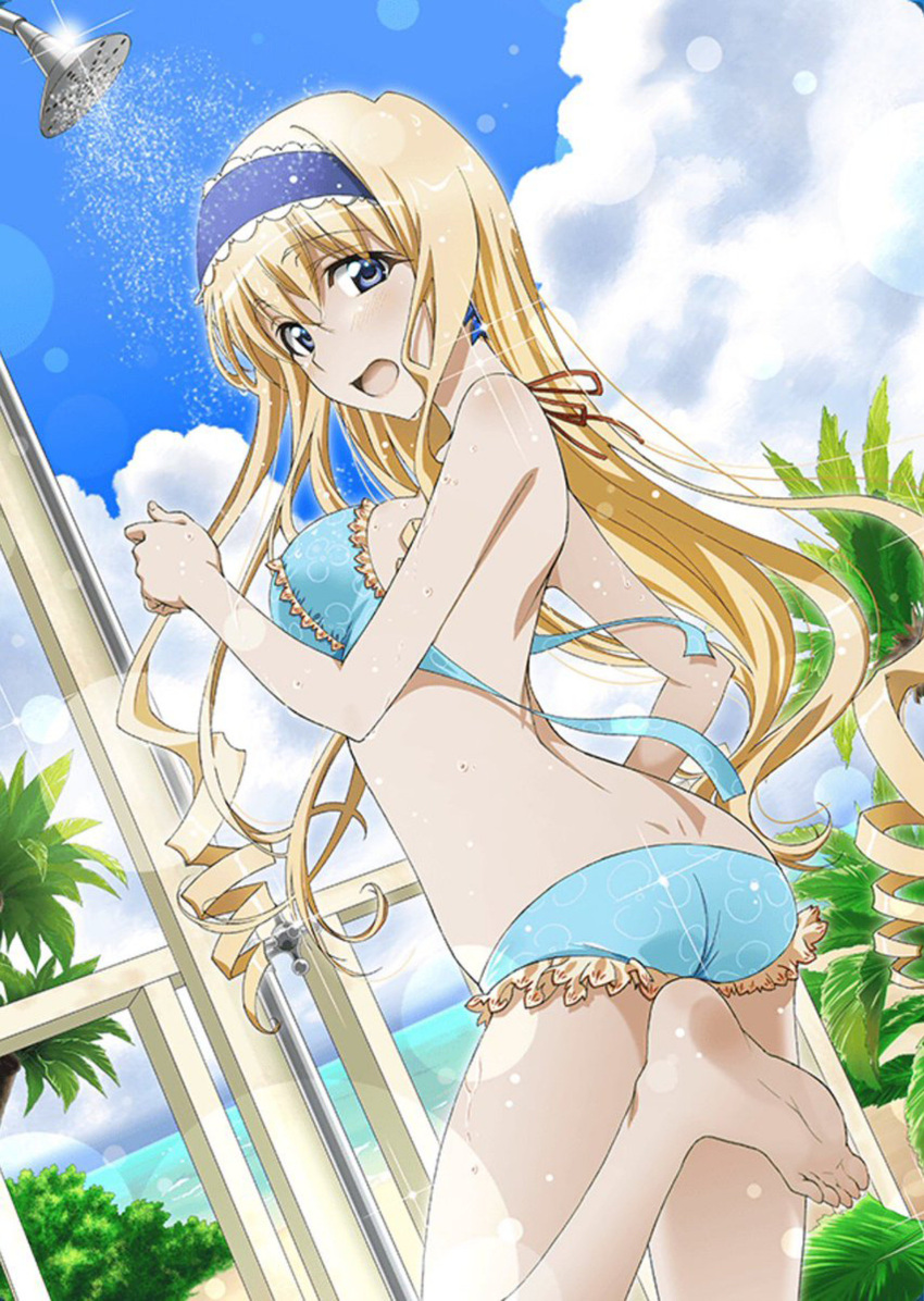 1girl absurdres artist_request ass barefoot beach bikini blonde_hair blue_bikini blue_eyes blue_hairband blue_sky breasts cecilia_alcott clouds cowboy_shot day dutch_angle frilled_bikini frills hairband highres infinite_stratos large_breasts lens_flare long_hair looking_at_viewer official_art outdoors plant railing shower_(place) sky solo standing standing_on_one_leg swimsuit third-party_source