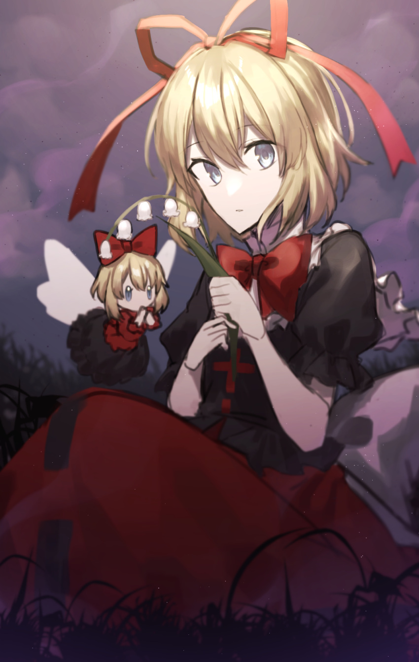 1girl blonde_hair blue_eyes bow bubble_skirt capelet doll doll_joints expressionless flower fog frilled_shirt frilled_shirt_collar frilled_sleeves frills hair_between_eyes highres holding holding_flower joints lily_of_the_valley medicine_melancholy nameless_hill otoshiro_kosame poison puffy_short_sleeves puffy_sleeves red_bow red_neckwear red_ribbon ribbon shirt short_hair short_sleeves skirt sky solo su-san touhou wavy_hair wings