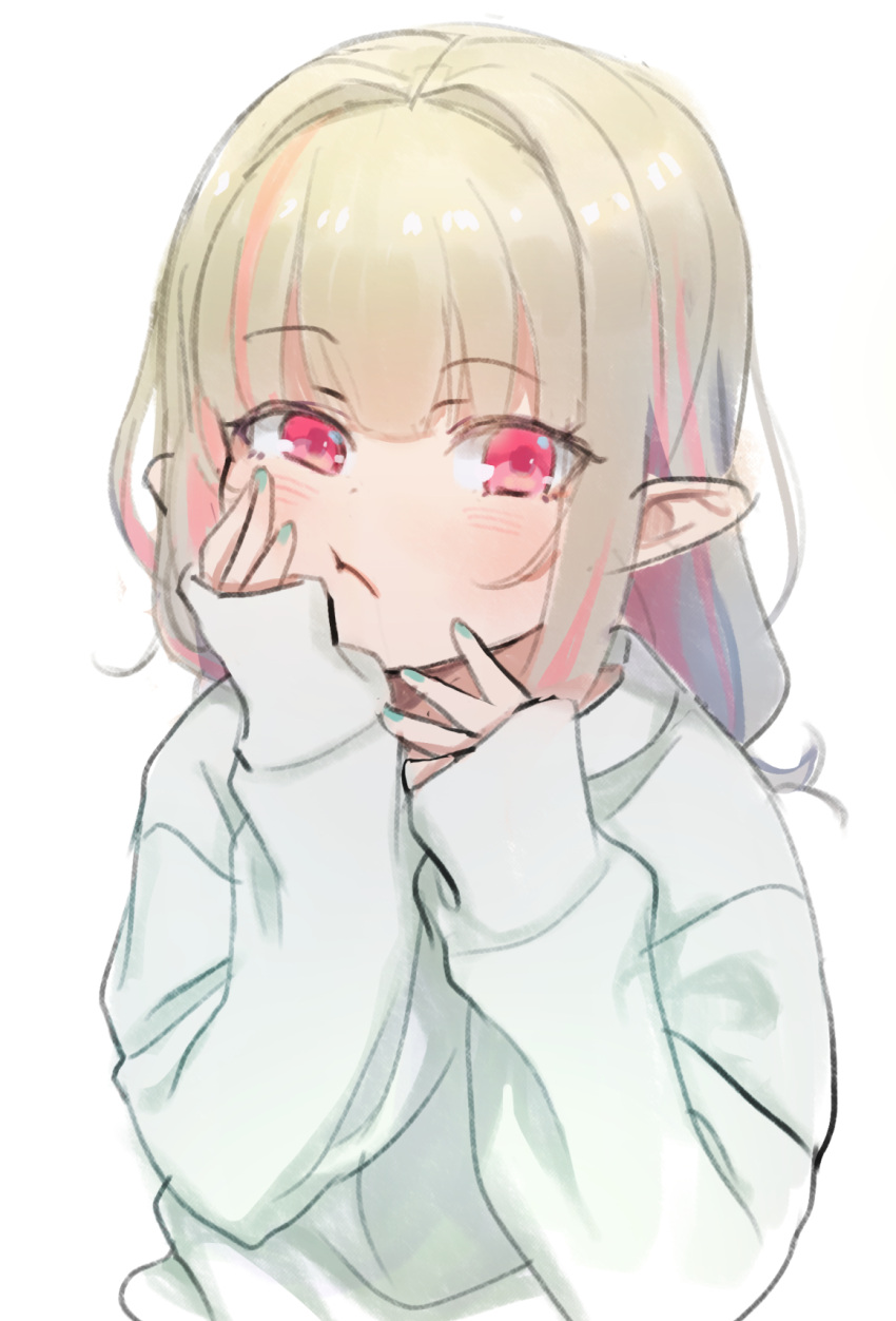1girl :t aqua_nails blush eyebrows_visible_through_hair grey_hair hair_down hand_on_own_cheek hand_on_own_face highres long_hair looking_at_viewer makaino_ririmu multicolored_hair nail_polish nijisanji pink_hair pointy_ears red_eyes sabamen simple_background sketch sleeves_past_wrists solo sweater two-tone_hair upper_body virtual_youtuber