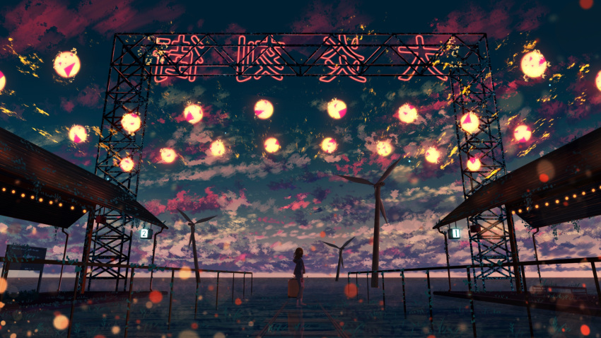 1girl clouds commentary_request dusk evening facing_away highres horizon multicolored multicolored_sky ocean original outdoors railing railroad_tracks redhead reflection scenery shuu_illust sign sky solo standing star_(sky) starry_sky very_wide_shot water