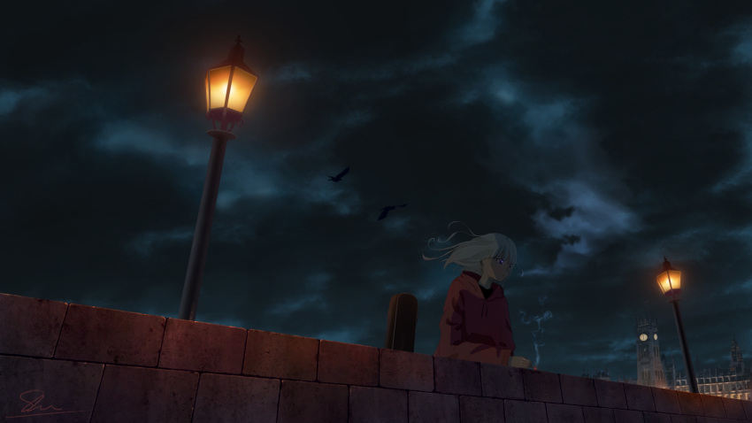1girl bird blue_eyes bridge building cigarette clock clock_tower clouds commentary_request elbow_rest highres lamppost night original outdoors scenery shuu_illust signature silver_hair smoke smoking solo tower