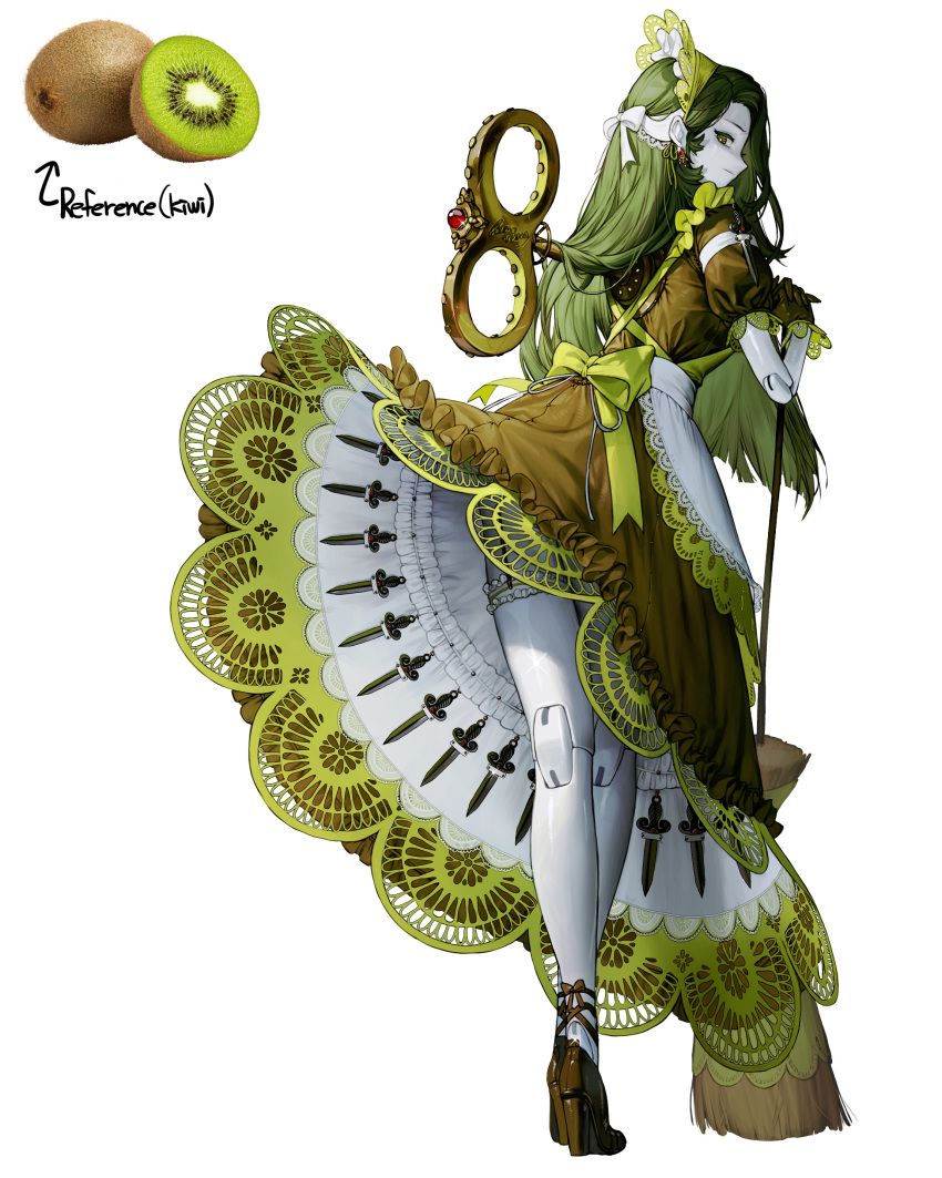 1girl absurdres android apron broom concealed_weapon dress food from_behind fruit garter_belt garter_straps green_dress green_eyes green_hair high_heels highres kiwifruit knife lace_trim leaning_on_object long_hair looking_at_viewer looking_back maid maid_apron maid_headdress mechanical_arms mechanical_legs original pale_skin personification photo_inset rinotuna simple_background solo very_long_hair white_background wind wind_lift winding_key