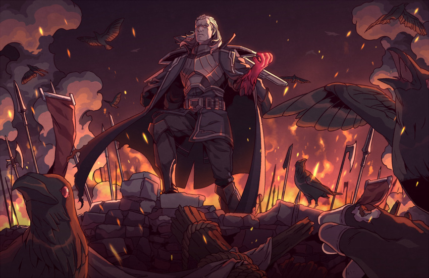 1boy armor axe belt bird blonde_hair boots cape crow fingerless_gloves fire gloves jericho_swain league_of_legends long_hair male_focus night outdoors pants pauldrons polearm pov red_eyes sanatorium_industries shoulder_armor smoke solo spear tunic weapon