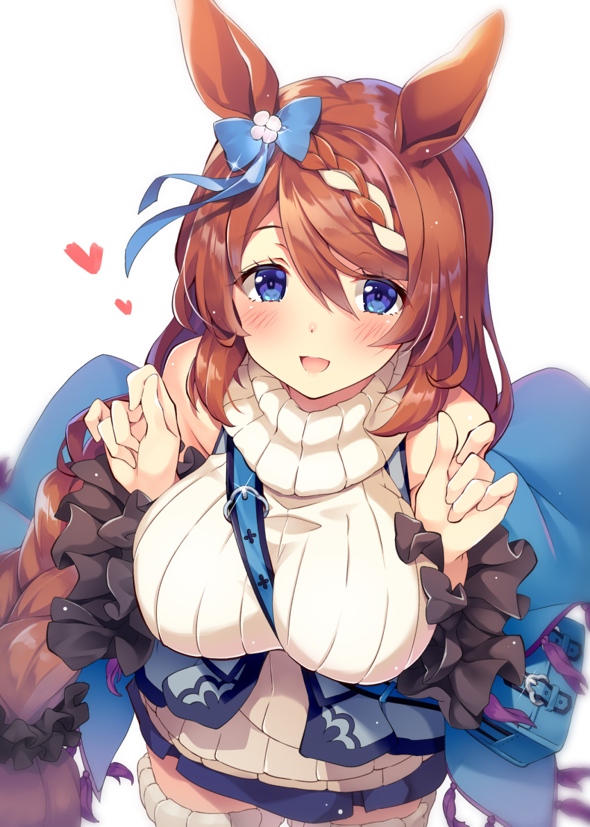 1girl :d animal_ears bag bangs between_breasts blue_bow blue_eyes blue_skirt blush bow braid breasts brown_hair commentary_request eyebrows_visible_through_hair from_above hair_between_eyes hair_bow hands_up heart highres horse_ears large_breasts long_hair looking_at_viewer looking_up moeki_yuuta multicolored_hair open_mouth pleated_skirt ribbed_legwear ribbed_sweater shoulder_bag simple_background skirt smile solo strap_between_breasts super_creek_(umamusume) sweater thigh-highs turtleneck turtleneck_sweater two-tone_hair umamusume very_long_hair white_background white_hair white_legwear white_sweater