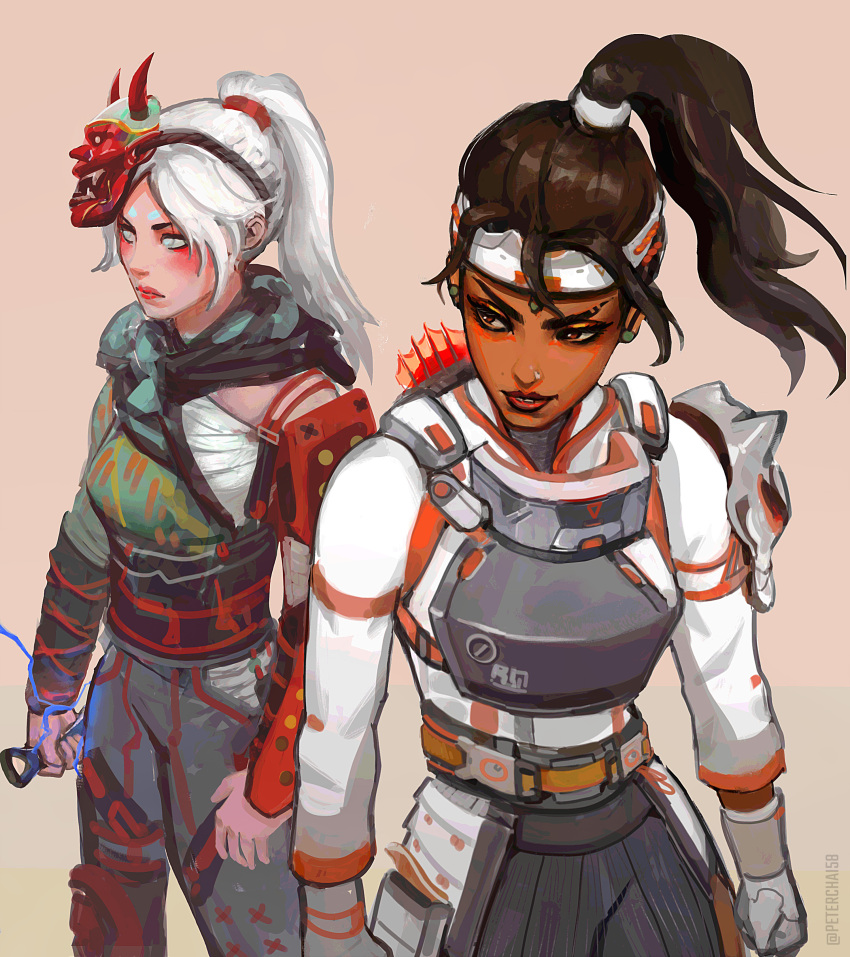 2girls absurdres apex_legends beige_background blush brown_hair crafty_kitsune_rampart dark_skin dark-skinned_female demon's_whisper_wraith electricity english_commentary floating_hair grey_eyes headband highres holding holding_knife knife kunai looking_to_the_side mask mask_on_head multiple_girls nose_piercing nose_ring official_alternate_costume official_alternate_hairstyle oni_mask parted_lips peter_chai piercing ponytail rampart_(apex_legends) smile tooth_gap weapon white_hair white_headband wraith_(apex_legends)