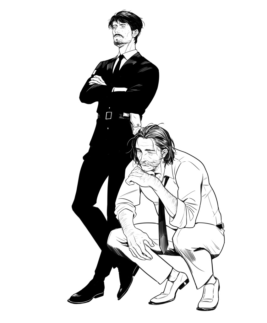 2boys absurdres arm_hair belt blazer cheetahman_(1ddghfr78cswc) crossed_arms disco_elysium facial_hair harry_du_bois highres jacket jean_vicquemare leaning_back male_focus monochrome multiple_boys mustache necktie pants shirt shoes short_hair sleeves_rolled_up squatting standing