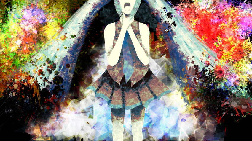 1girl abstract abstract_background aqua_hair bangs bare_shoulders black_background blue_hair depressed flat_color hatsune_miku highres long_hair miku_append music nikitjke6996 open_mouth original paint_splatter sad singing solo twintails vocaloid vocaloid_append wallpaper
