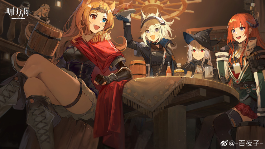 1boy 5girls :d absurdres alcohol animal_ears archetto_(arknights) arknights arm_support armor bagpipe_(arknights) barrel beer_mug big_bob_(arknights) black_dress black_gloves black_headwear black_jacket black_legwear blonde_hair breasts cape chinese_commentary commentary_request cup dragon_girl dragon_horns dress gloves grani_(arknights) green_jacket happy hat helmet heterochromia highres holding holding_cup holding_plate horns horse_ears horse_girl indoors infection_monitor_(arknights) jacket long_hair looking_at_another medium_breasts mudrock_(arknights) mug multiple_girls open_clothes open_jacket open_mouth orange_hair partially_fingerless_gloves plate pleated_skirt red_cape red_eyes red_skirt rhodes_island_logo silver_hair sitting skadi_(arknights) skirt smile table tavern thigh-highs thighs very_long_hair violet_eyes weibo_username yayako_(804907150)