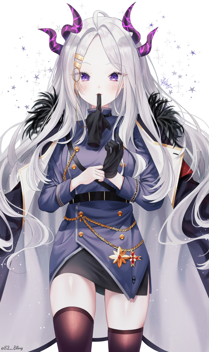 1girl absurdres armband black_gloves blue_archive blush commentary_request glove_in_mouth gloves highres hina_(blue_archive) horns huge_filesize jacket looking_at_viewer military military_uniform mouth_hold silver_hair simple_background skirt solo thigh-highs uniform user_epvc5242 violet_eyes white_background