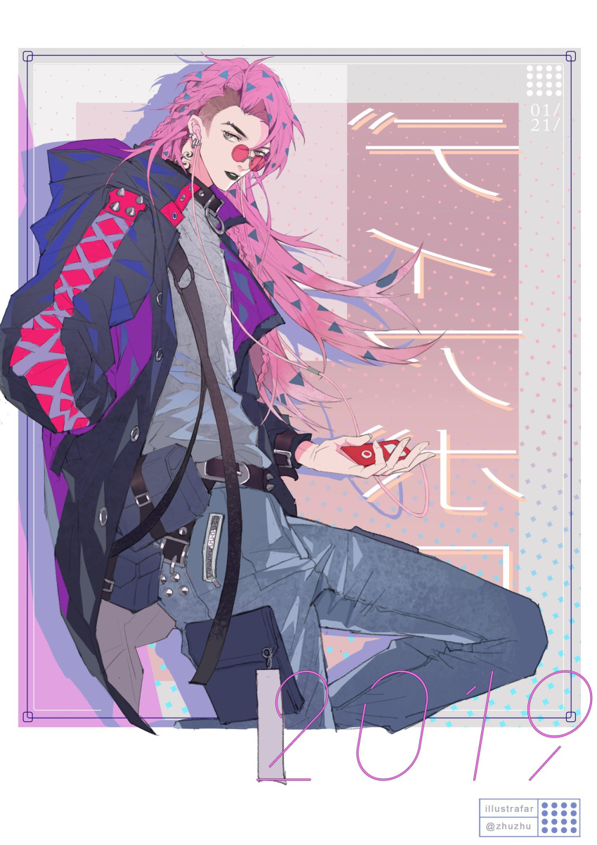 1boy 2019 against_wall alternate_costume belt belt_collar black_jacket black_lips braid character_name collar dated diavolo digital_media_player earphones earphones earrings glasses highres holding ipod jacket jewelry jojo_no_kimyou_na_bouken lips long_hair looking_at_viewer loose_belt loose_clothes pants parted_lips pink_hair shirt side_braids solo spiked_jacket spotted_hair tattoo white_shirt yellow_eyes youamo zipper