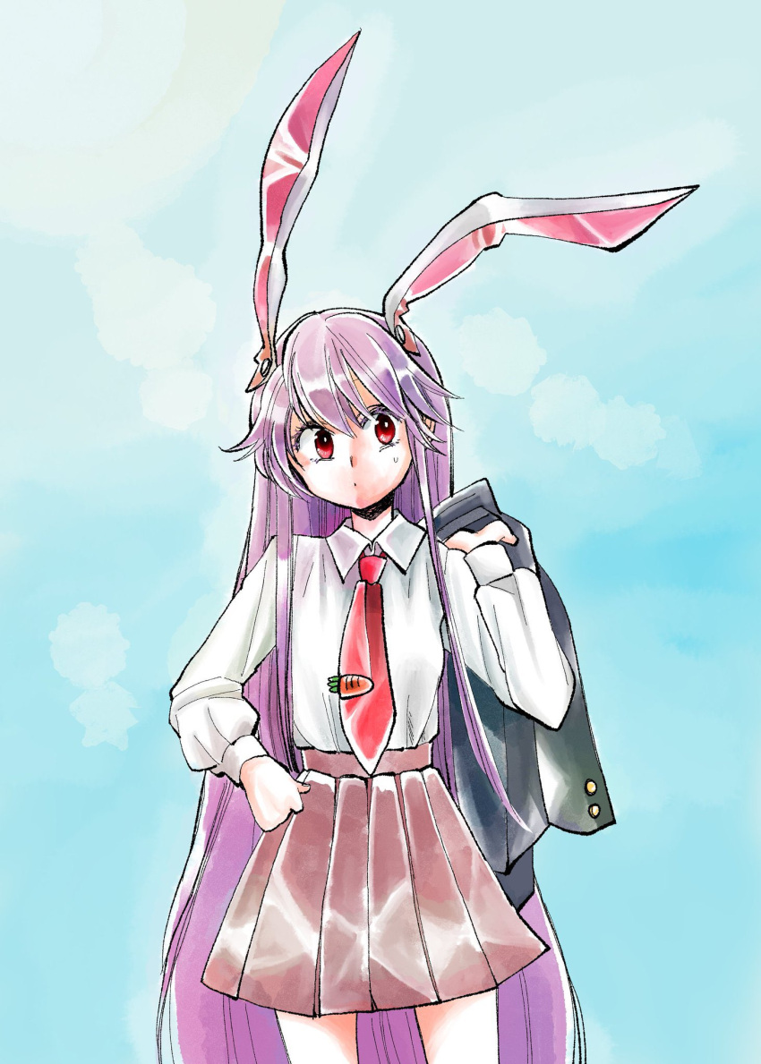 1girl animal_ears bangs blouse buttons carrot carrot_necklace collared_blouse highres jacket jacket_removed komaku_juushoku light_purple_hair long_hair long_sleeves necktie pink_skirt pleated_skirt purple_hair rabbit_ears rabbit_girl red_eyes red_neckwear reisen_udongein_inaba skirt touhou very_long_hair white_blouse