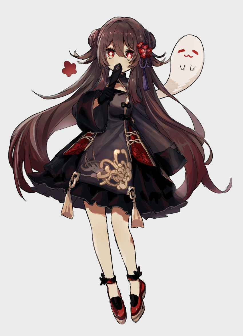 1225ka 1girl absurdres ankle_strap black_dress black_gloves brown_hair dress flower flower-shaped_pupils full_body genshin_impact ghost gloves hair_flower hair_ornament high_heels highres holding hu_tao long_hair looking_at_viewer red_eyes red_footwear simple_background sleeves_past_wrists solo standing symbol-shaped_pupils very_long_hair white_background