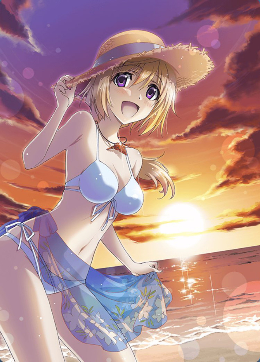1girl absurdres artist_request blonde_hair breasts charlotte_dunois clouds cowboy_shot front-tie_top gradient_sky hat highres horizon infinite_stratos jewelry leaning_forward long_hair long_legs looking_at_viewer low_ponytail medium_breasts necklace ocean official_art open_mouth outdoors ponytail sarong see-through sky smile solo straw_hat sunset third-party_source violet_eyes