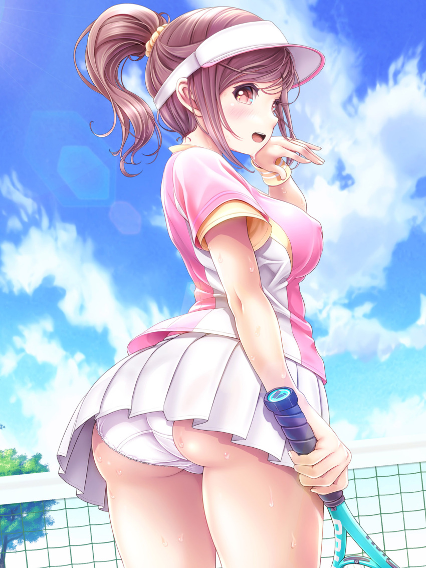 1girl :d ass bangs blue_sky breasts brown_eyes brown_hair clouds commentary_request covered_nipples day eyebrows_visible_through_hair hair_ornament hair_scrunchie highres holding layered_shirt looking_at_viewer looking_to_the_side medium_breasts multicolored multicolored_clothes open_mouth original outdoors panties pink_shirt pleated_skirt racket scrunchie shirt short_hair short_sleeves sidelocks skirt sky smile solo sportswear sweat sweatband tennis_net tennis_racket tennis_uniform thighs tree underwear upper_teeth v-mag visor_cap white_headwear white_panties white_skirt wiping_face wiping_sweat yellow_shirt